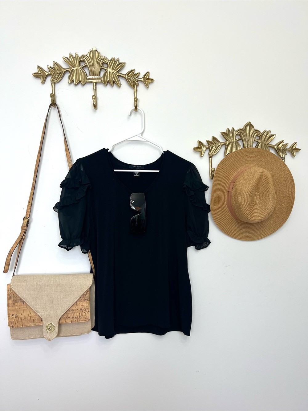 Elegant Black Ruffle Sleeve Blouse m ptp 21” l 25”